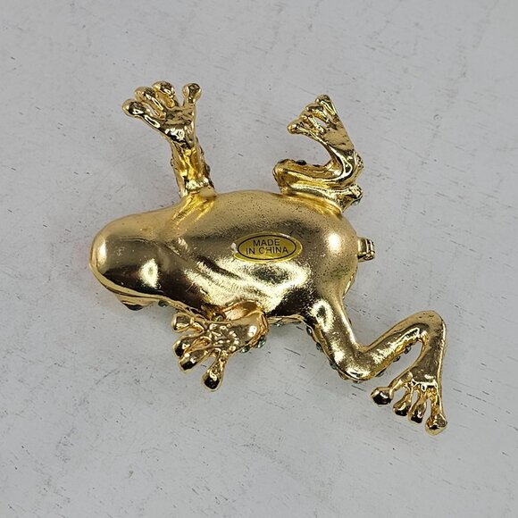 Gold Tone Frog Trinket Box Green Rhinestones Hinged Lid Small Jewelry Storage - Picture 6 of 6